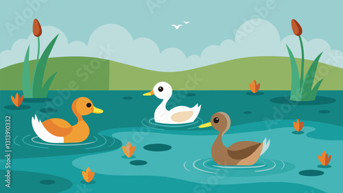 Ducks lazily skim across the surface of the pond unaware of the hazardous materials lurking just below.. Vector illustration