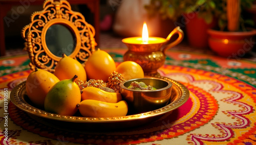 A beautiful Puthandu celebration at home, featuring a grand Vishu Kani setup with a brass plate filled with fresh mangoes, bananas, betel leaves, gold jewelry, a mirror, and a lit kuthu vilakku lamp