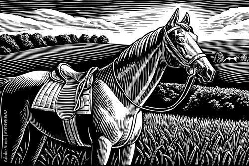 horse rider in forest black and white hand drawn sketch	