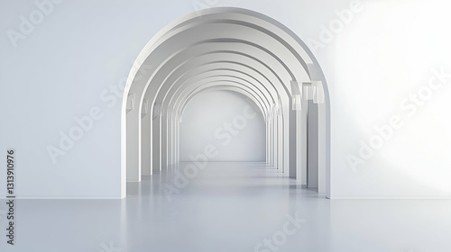 White Minimalist Hallway With Arched Ceiling And Columns In A Modern Architectural Design With Bright Lighting