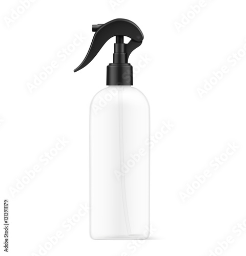 Realistic clear spray plastic bottle mockup. Vector illustration isolated on white background. Сan be used for cosmetic, medical, sanitary and other needs. EPS10.