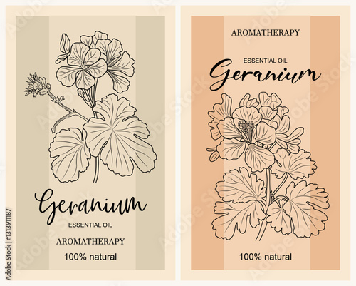 Geranium Essential oil labels set. For cosmetics, perfume, health care products, aromatherapy labels with Geranium flower line art drawing on neutral beige, sage green background. Vector illustration.