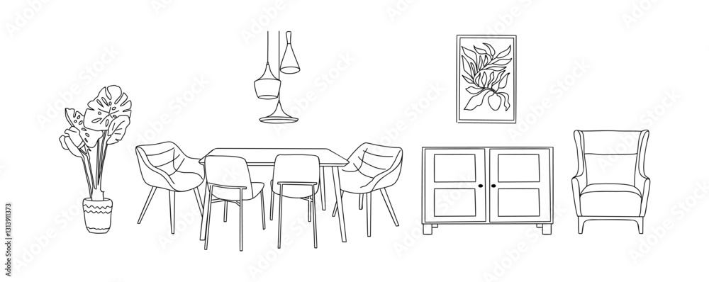 Set of elegant modern dining room furniture and home interior decorations in trendy Mid Century modern retro 70s t style hand drawn black sketch on white background. Monochrome vector illustration.