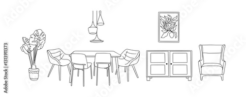 Set of elegant modern dining room furniture and home interior decorations in trendy Mid Century modern retro 70s t style hand drawn black sketch on white background. Monochrome vector illustration.