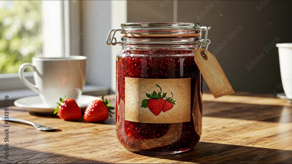 A jar of strawberry jam with fresh strawberries on a rustic table
