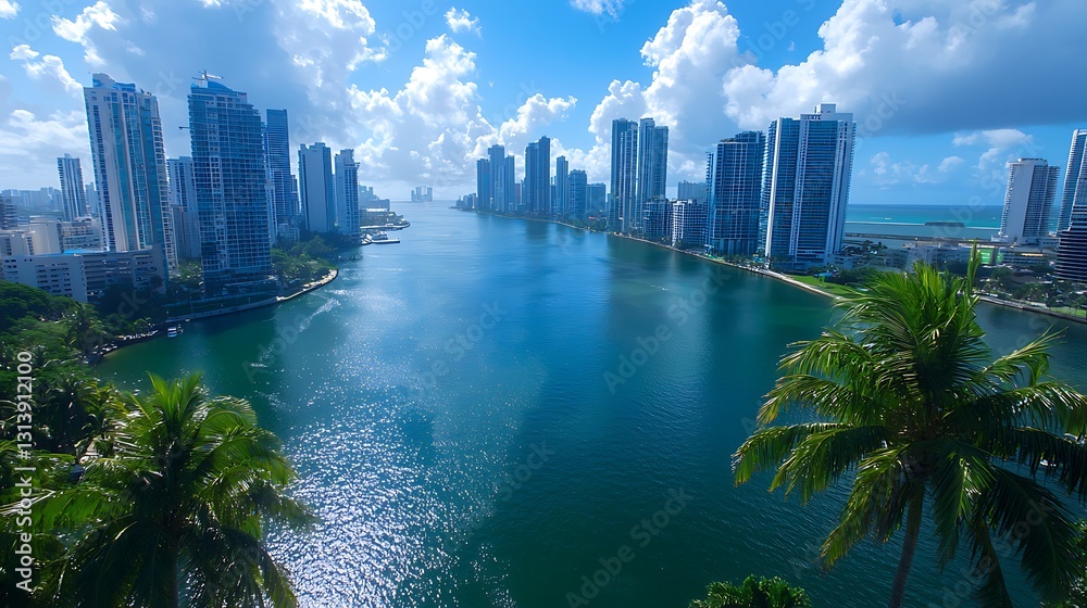 Naklejka premium Panoramic Urban Park View with Buildings and Water Reflection