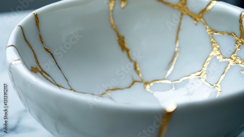 A white bowl repaired using golden adhesive and intricate lines
