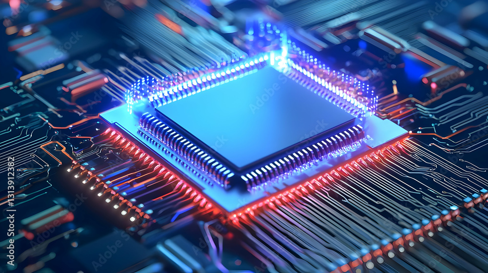Blue Computer Chip On Circuit Board With Red And Blue Lights Blue Computer Chip On Circuit Board With Red And Blue Lights