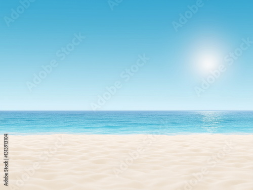 A tropical beach with golden sand and crystal-clear turquoise waters shimmering under the bright sun. Gentle waves ripple along the shore, creating a peaceful and relaxing paradise. Beautiful nature.