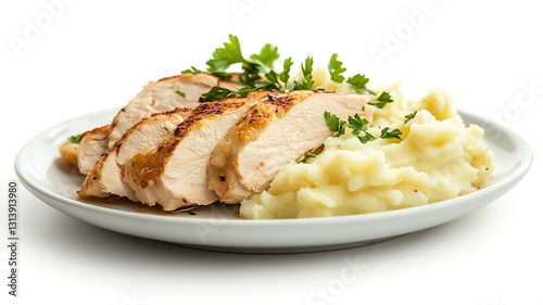 chicken breast with mashed potatoes on the plate isolated on the white background