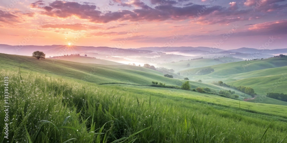 Fototapeta premium A dreamy sunrise over rolling green hills covered in fresh spring dew