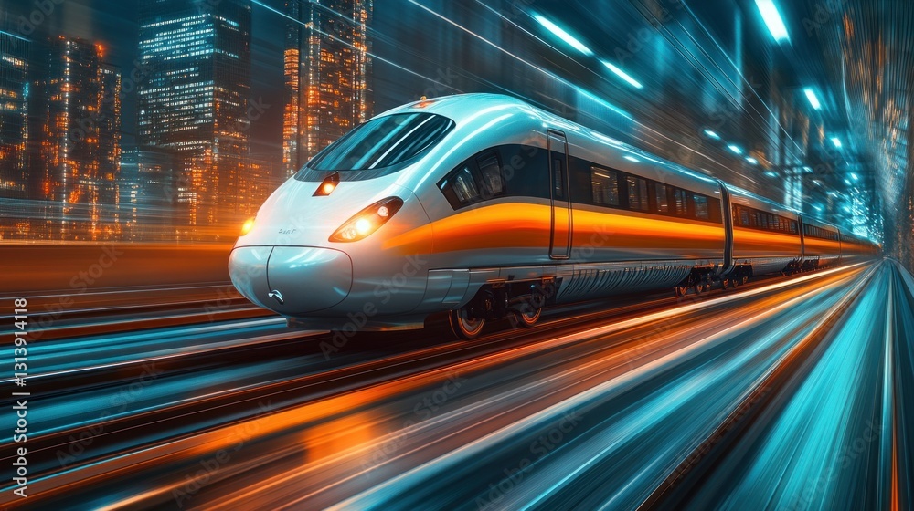 High-speed train zipping through a modern city at night High-speed train zipping through a modern city at night