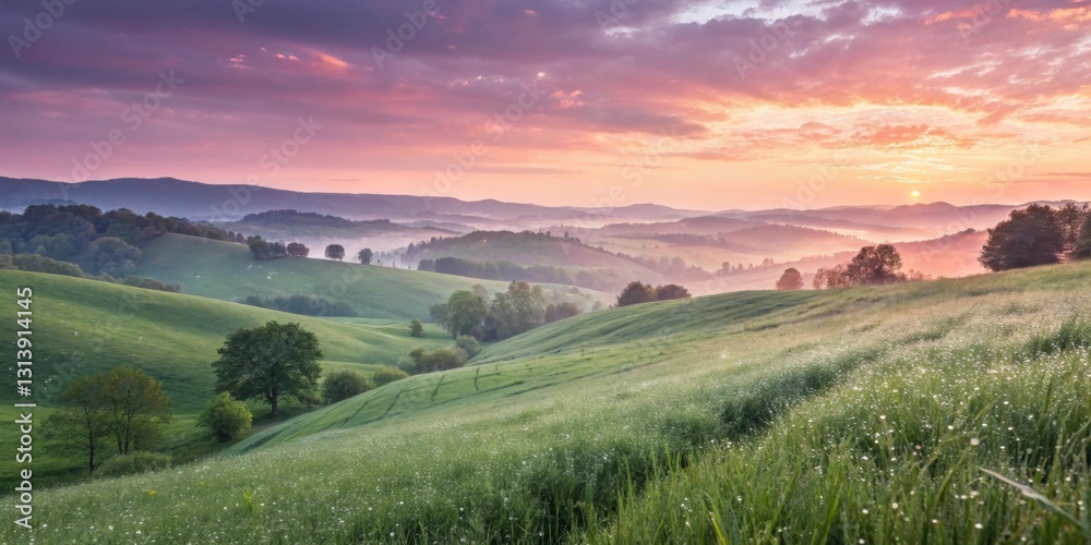 Fototapeta premium A dreamy sunrise over rolling green hills covered in fresh spring dew