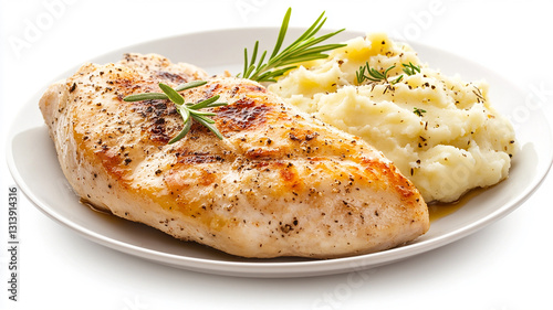 chicken breast with mashed potatoes on the plate isolated on the white background