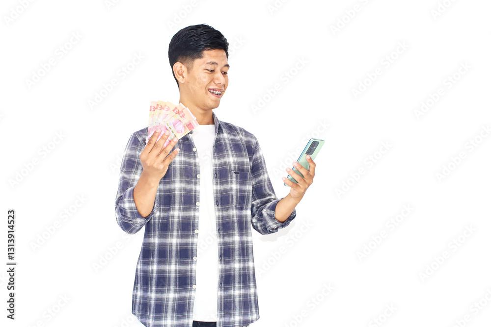 Happy Person Holding Money and Mobile Device Payment Methods In Hands With a Smile. Success In Happy Person Holding Money and Mobile Device Payment Methods In Hands With a Smile. Success In
