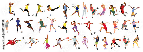 Collection of different men and women performing various sports activities, playing basketball, volleyball, tennis, soccer, football, running. Vector illustrations isolated on transparent background.