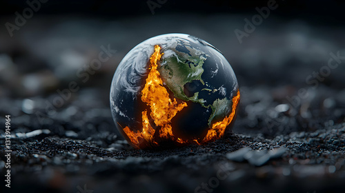 Planet Earth Engulfed In Flames With Ash Filled Landscape Depicting Climate Change