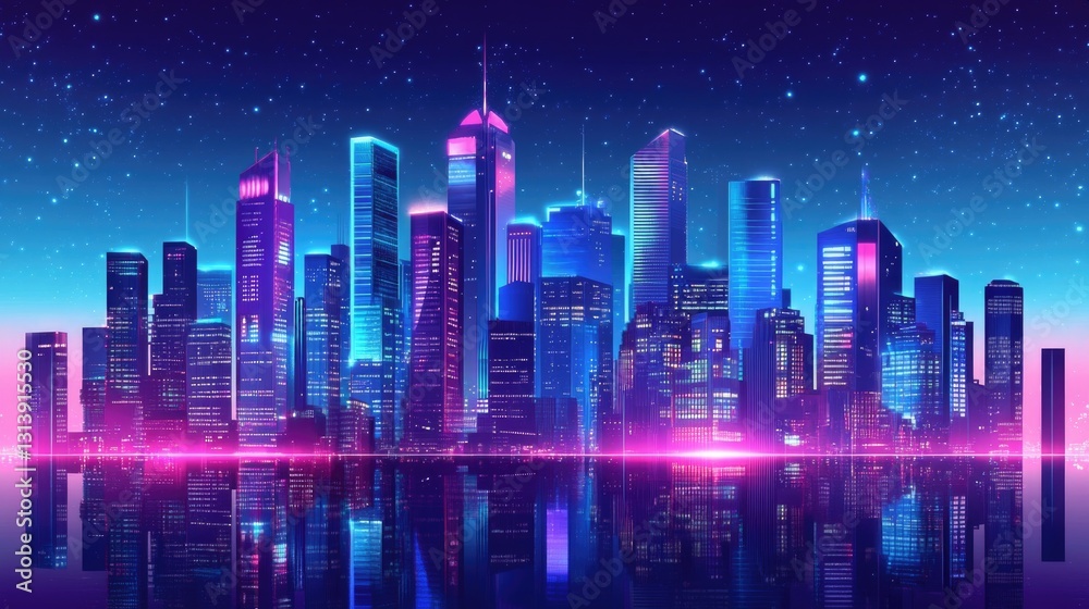 A vibrant futuristic cityscape reflects its illuminated neon lights A vibrant futuristic cityscape reflects its illuminated neon lights