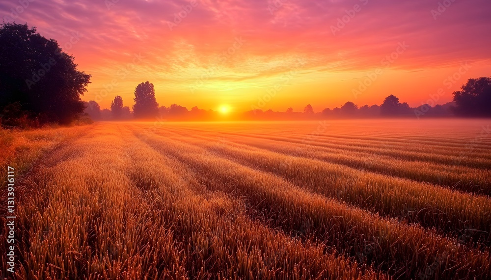 Golden Sunrise Over Misty Field And Trees Golden Sunrise Over Misty Field And Trees