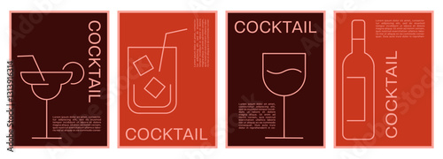  set of minimalist cocktail posters, line icons of cocktails like mojito, wine, margarita, place for text or menu
