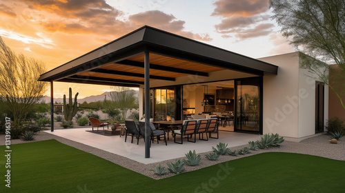 Modern Luxury Home with Spacious Patio at Sunset, Embracing Golden Hour Warmth and Elegance