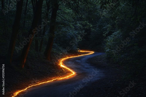 A dark forest with a glowing line on the ground. The line is orange and it seems to be leading somewhere