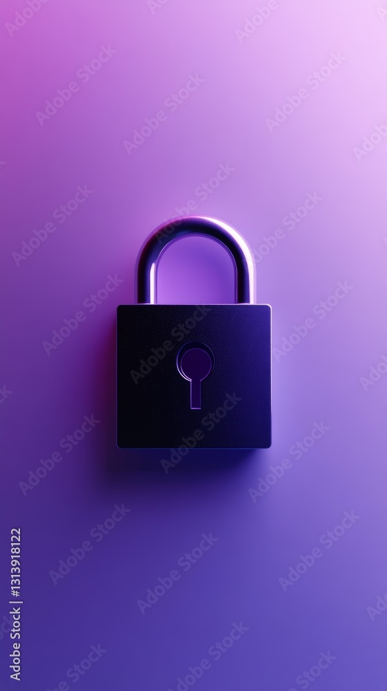 A sleek padlock featuring a keyhole sits against a vibrant purple gradient background, symbolizing security and protection. Perfect for concepts of safety. A sleek padlock featuring a keyhole sits against a vibrant purple gradient background, symbolizing security and protection. Perfect for concepts of safety.