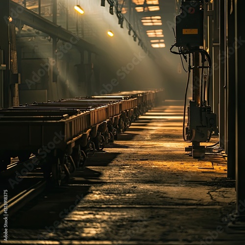 An industrial railway corridor with small cargo carts, illuminated by dim overhead lights. Mechanical transport, production line, underground systems, steel infrastructure. Generative AI.