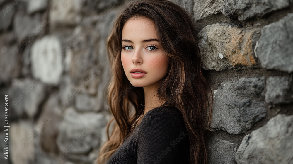 Beautiful young woman with long brown hair posing against a stone wall girl grey eyes face girl model Beautiful young woman with long brown hair posing against a stone wall girl grey eyes face girl model