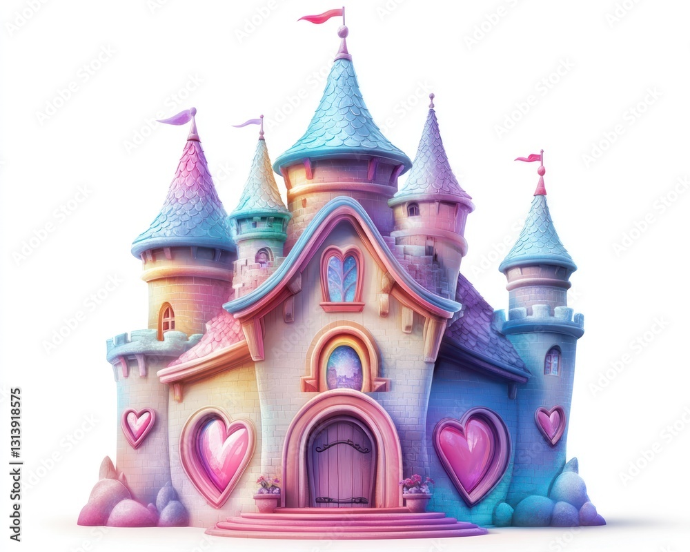 Naklejka premium Pastel castle fairytale land; children's book illustration