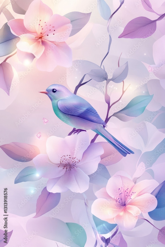 Fototapeta premium Pastel bird perched on blossoming branches, spring floral background, phone wallpaper
