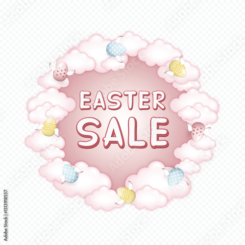 Easter Sale Vector illustration, Easter Sale inscription in the circle of flying winged easter eggs and pink clouds on transparent background for holiday promotions and Storefront Displays