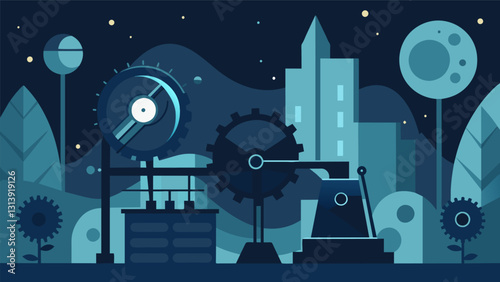 The rhythmic hum of machinery echoes through the stillness of the night an eerie contrast to the tranquil darkness that surrounds it.. Vector illustration