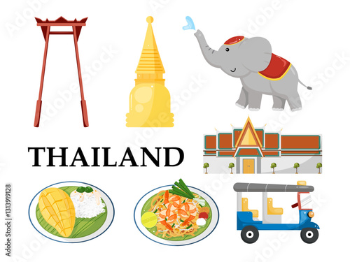 Vector set of Thai cultural icons, including tuk-tuk, elephant, temple, and traditional foods with the word  THAILAND. Perfect for travel and cultural designs.