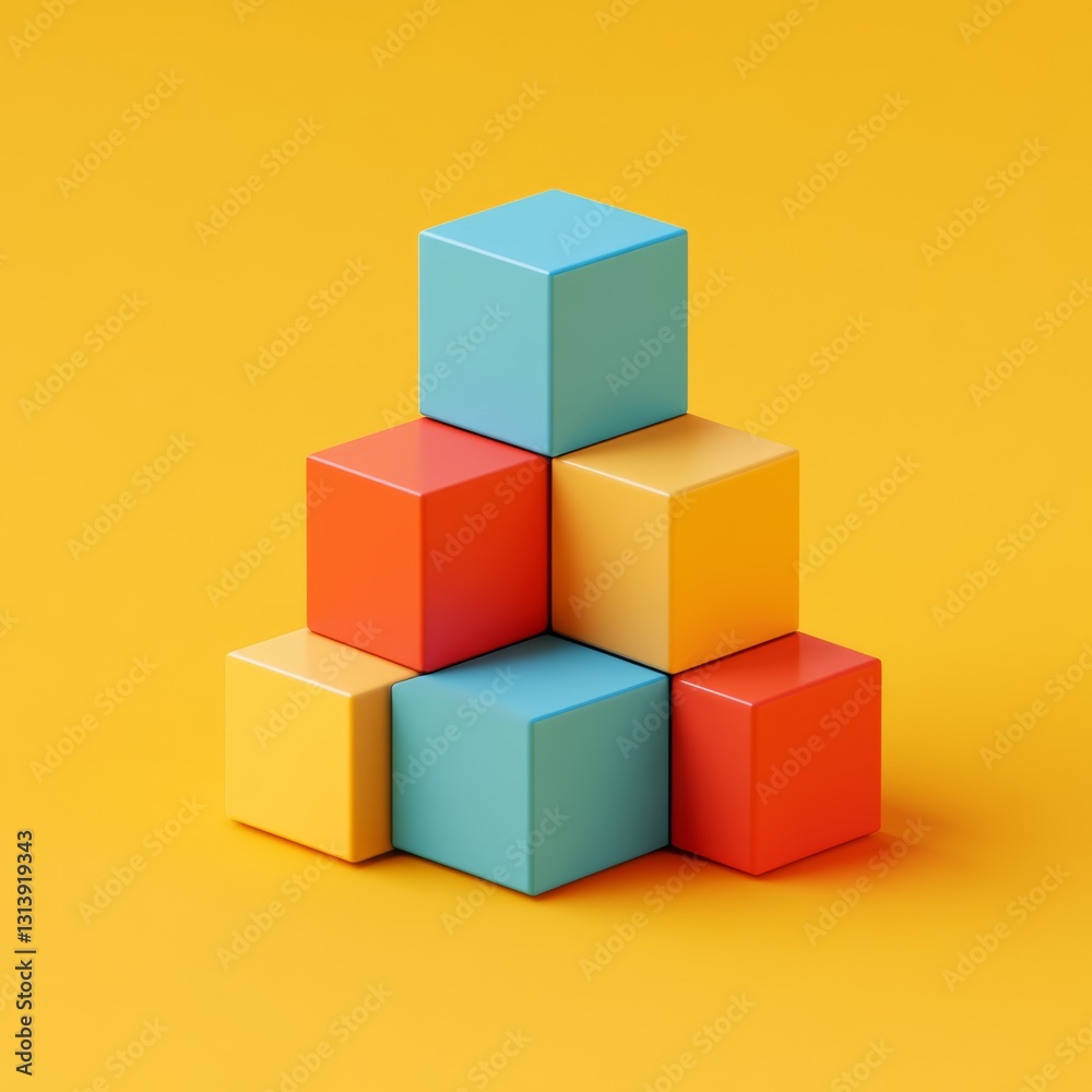 A vibrant arrangement of colorful cubes stacked creatively on a bright yellow background. This playful design inspires creativity and imagination, perfect for educational themes. A vibrant arrangement of colorful cubes stacked creatively on a bright yellow background. This playful design inspires creativity and imagination, perfect for educational themes.
