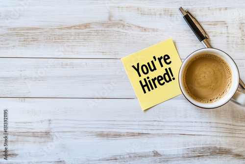 Job Hiring Announcement – 'You're Hired' Note on a Coffee Mug in an Office Setting