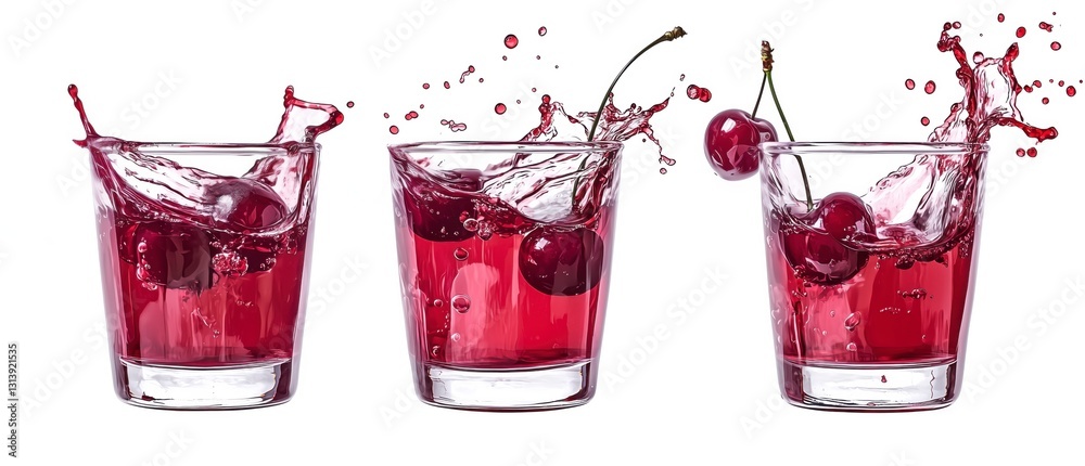 Εκτύπωση καμβά Cherry juice splashing in glass with fresh cherries isolated on white background