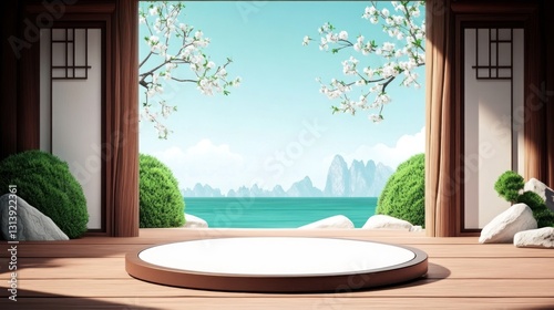 Empty Round Display Podium in Asian-Style Room with Cherry Blossoms and Mountain View