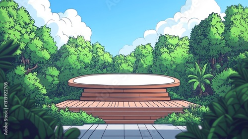 Empty Round Wooden Platform in Lush Forest