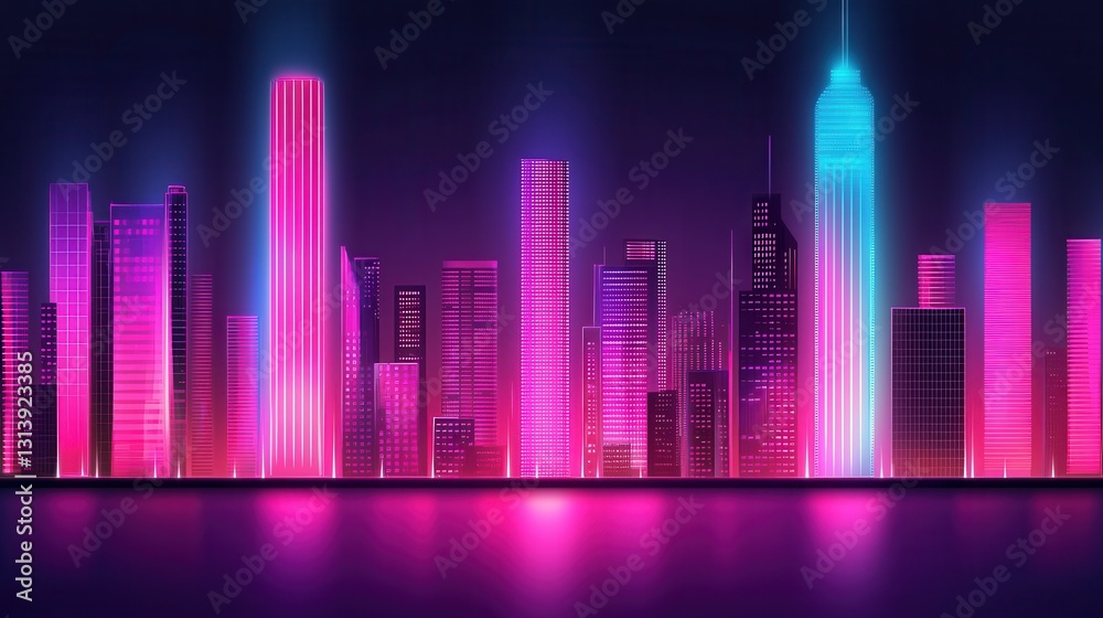 Vibrant City Skyline with Neon Lights and Colorful Glow at Night Vibrant City Skyline with Neon Lights and Colorful Glow at Night