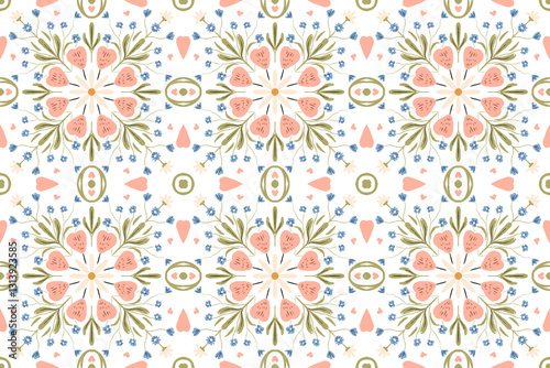 Beautiful floral pattern with pastel colors featuring strawberries and small flowers on a white background