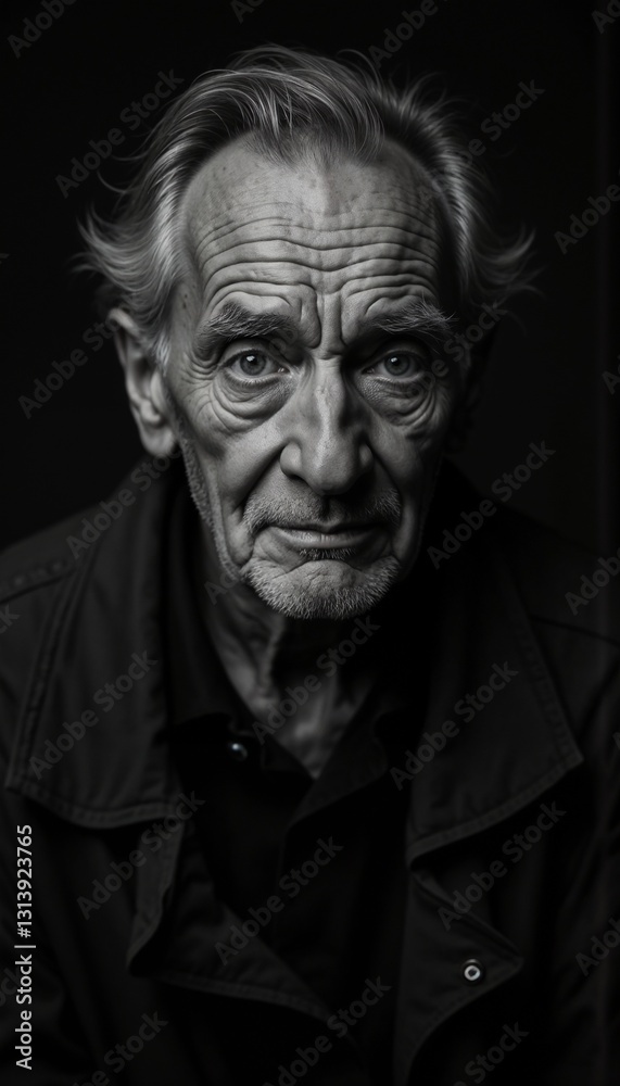Intense portrait of an elderly man with deep wrinkles in black and white
Intense portrait of an elderly man with deep wrinkles in black and white