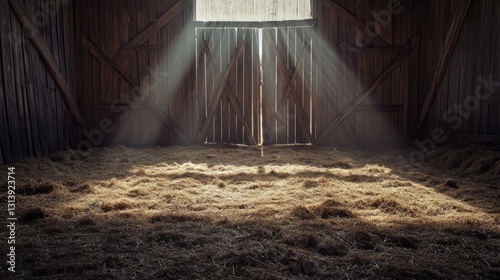 Old barn doors slightly ajar, light spilling out onto the hay-covered floor