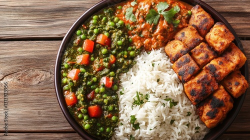 Indian curry bowl with rice and tandoori