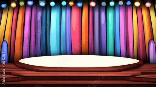 Empty stage Colorful curtain backdrop, wooden platform with lights shining above
