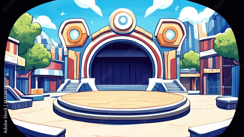 Fototapeta premium Empty stage in a vibrant cartoon town square