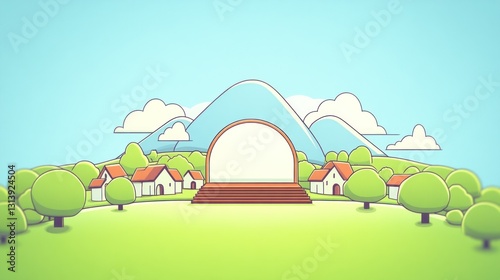 Empty stage in a cartoon village landscape