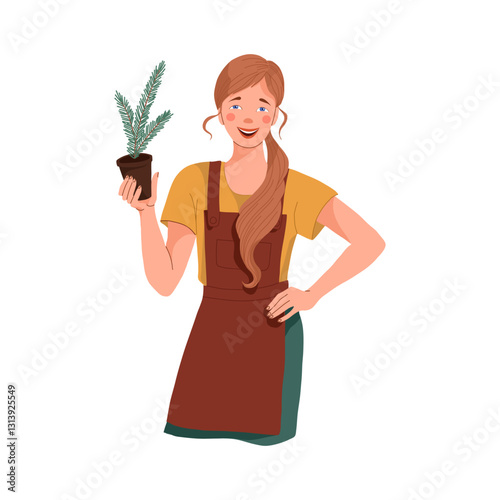 Landscape designer with ornamental plant sapling, nursery saleswoman with seedlings . Vector illustration