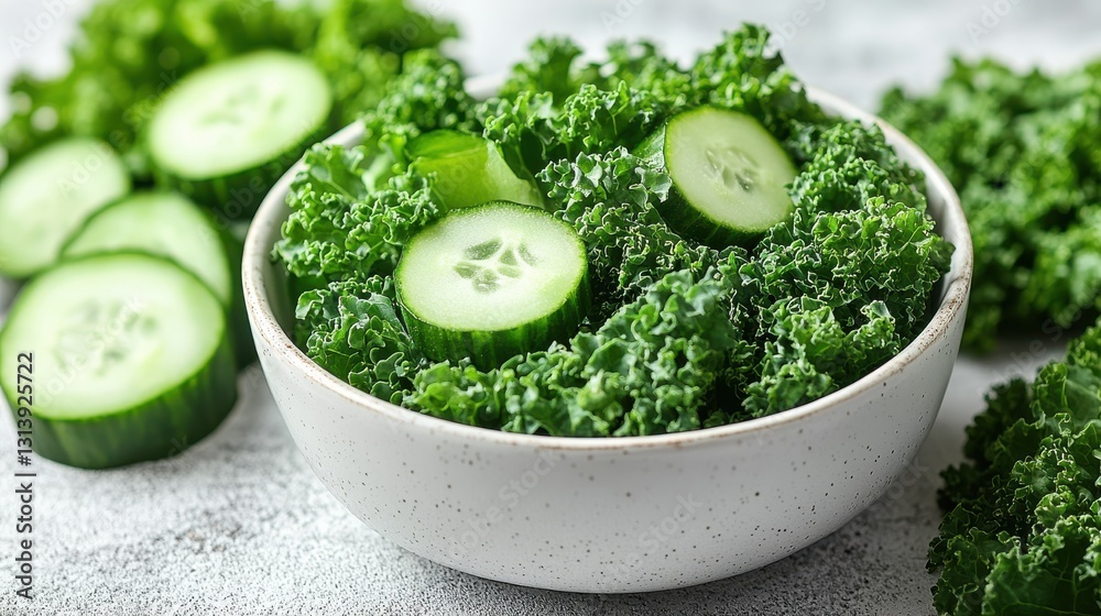 Obraz premium fresh kale and cucumber in white bowl on white background