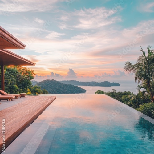 Luxury villa infinity pool sunset ocean view.